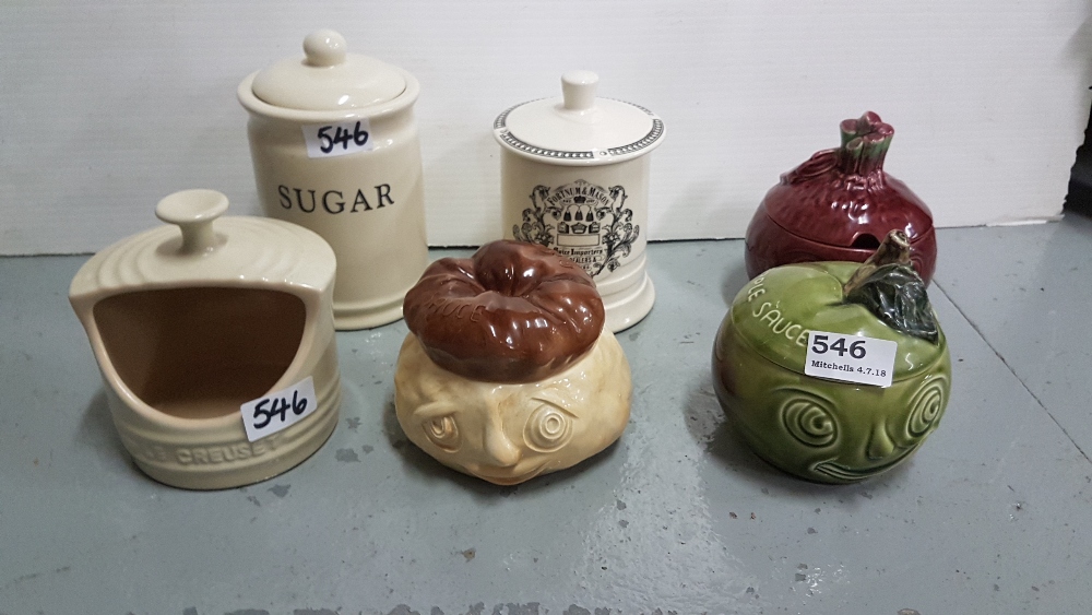 6 pottery condiment jars incl. bread sauce, Sylvac Beetroot and Apple Jars etc