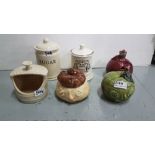 6 pottery condiment jars incl. bread sauce, Sylvac Beetroot and Apple Jars etc