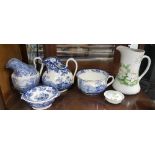 3 pottery Ewers (2 blue and white, 1 with repaired handle), 1 blue and white pot, 2 soap dishes (6)