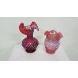 Two similar Victorian Vaseline glass vases – 1 red and 1 pink, frill tops, 1 x 11”h & 1 x 8”h