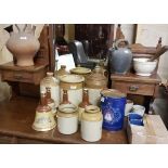 Assorted stoneware items – Jam Pots etc & Bells Whiskey jars, pestle and mortar, 2 terracotta