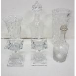 Two Waterford Crystal Vases, 2 Cut/Etched Glass Decanters with stoppers & a pair of modern Waterford