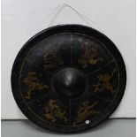 Oriental Bronze Gong, circular, painted with figures of swordsmen, 39cm dia