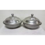 Pair of American pewter entree circular dishes with lids, stamped Wilton, Columbia, RWP 1976