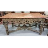 Early 20thC Heavily Carved Gilt Wood Centre Table, the rectangular red marble top over the foliage