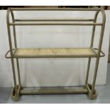 Late 19thC Boot-rack with copper stick stand rails at either end, bergere shelf, painted green, 43.