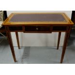 Inlaid Side Table with a faux leather top, tapered legs, 35.5”w x 30”h