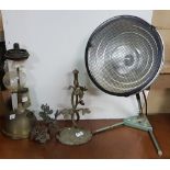 Brass based Tilly lamp with fuel jar, a vintage Hanovia electric heat lamp & a damaged lamp base (