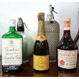 Sparklett soda syphon, a Globemaster syphon and 3 bottles of alcohol - Red Breast, Gordon’s gin,