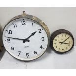 2 Circular electric wall clocks, one GENTS OF LEICESTER arena clock, brass framed, 24”dia and one