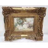 19thC Oil Painting – Classical Romantic Garden Scene, with cupids, 12cm x 16cm, the ornate framed