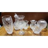 7 cut glass items – pair of small vases, rose bowl, Waterford decanter, candle votive (6)