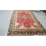 Old red ground Persian Tabriz Carpet with a bespoke design and colours, beautiful green borders, 3.
