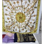 Nicole de Beauvois Paris Silk Scarf 34”sq, gold key designs & two other Silk Scarves, one Jacques