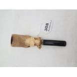 Clay Pipe, mounted with carved bone figure of an Otter with his catch, silver mounts, 7”long,