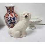 A baluster shaped Japanese Imari Vase 12”h & a Staffordshire Dog & a porcelain basket shaped bowl on