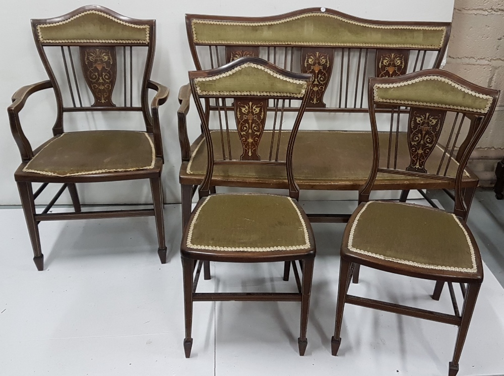 5 Piece Edw. Mahogany Drawing Room Suite, intricately inlaid with urn-shaped designs, incl. a 2-seat