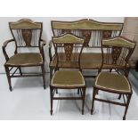 5 Piece Edw. Mahogany Drawing Room Suite, intricately inlaid with urn-shaped designs, incl. a 2-seat