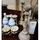 2 pairs modern table lamps (1 marble), a candelabra, 12 French escargot dishes, pr. wooden