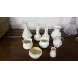 Collection of modern Belleek – pair of small vases and 2 others, sugar bowl and milk jug, small urn,