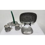 Pair pewter salt and pepper condiments, American RWP Wilton candlestick and Wilton commemorative