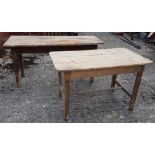 2 x antique pine kitchen tables, one with a stretcher support, 47” x 26”, the other 61” x 25” (2)