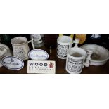 2 shelves assorted English pottery incl. nursery rhyme bowls, counter advertising name plates e.g.