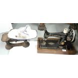 Singer Hand Sewing Machine with original oak carrying case & a 14lb counter weighing scales with