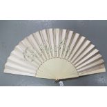 Large Bone Framed Fan with silk interior, hand painted with floral pattern, 32” span, very good