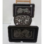 3 x papier mache serving trays, 2 rectangular with handles, and one oval, inlaid with mother of