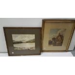 2 x Victorian watercolours, thatched cottage at riverside (unsigned) and lakeside landscape,