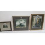 3 x pictures – miniature framed oil – riverscape, watercolour of a Dolmen & watercolour – “Roud’s