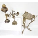 Brass Oil Lamp (no shade), an ornate 2-branch candelabra & a brass pot stand (3)