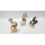 Matching pair of Dresden miniature figurines, marked at base, boy with grapes, girl with birds (