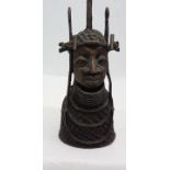 Bronze head and shoulders Bust of a Young Benin Tribeswoman, wearing a native headdress and neck