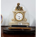 Late 19th C alabaster 8 day working mantel clock, mounted with a reclining figure of a cherub, 10" x