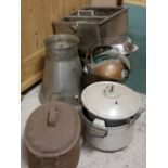 Various stainless steel items, dishes, saucepans etc