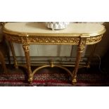 Gilt Console Table, with a bowfront beige marble top,