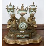 19thC Three Piece French Clock Garniture including a gilt metal and porcelain Mantel Clock with a