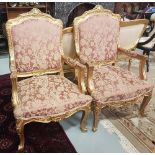 Matching Pair of Gilt Framed Armchairs, red and gold patterned upholstery to back and seat, cabriole