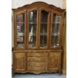 Continental walnut Drinks/Display cabinet, 4 glass upper doors enclosing 2 plate glass shelves, over