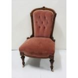 Victorian inlaid Walnut Lady’s Side Chair, pink velour upholstery