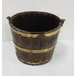 Early Georgian Oak Peat/Plate Bucket, with folding carrying brass handle and 3 brass bands, 11”h x