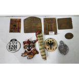9 Car Badges – incl. 4 brass plates “Merryweather & Son”, “Armstrong Motors”, “Lancester Co.”, “
