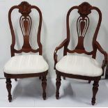 Matching Set of 6 Walnut High Back Dining Chairs – 4 plus 2 Carvers, with drop-in striped beige