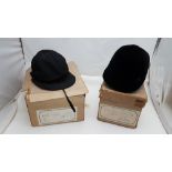 Two Hunt Hats – a “Silk Hunt Hat” with black silk cover over an oval cork lined interior shell,