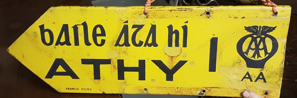 AA Road Sign, painted yellow, in English and Gaelic “Athy 1”, 65cm ...