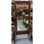 Edwardian Inlaid Mahogany Framed Cheval Mirror, pivoting on circular brass knobs, on sabre legs