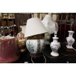 5 porcelain electrical table lamps – 1 Aynsley, 2 other floral and 2 Japanese style, also 7