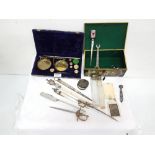 Brass Postal Scales (in presentation box) & a box of various letter openers, 2 scent bottles,